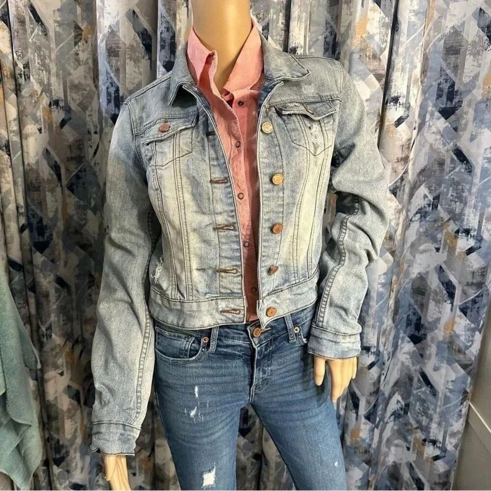 YMI jeans denim jean jacket. Distressed cropped and bleached denim. Meduim (m)